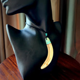 Hand carved Boars Tusk pendant with turquoise and copper. Engraved large boars tusk pendant. Unisex necklace hand carved by Andrew Doughty here in New Zealand. Unique art to wear. Delivered with an adjustable black cord.